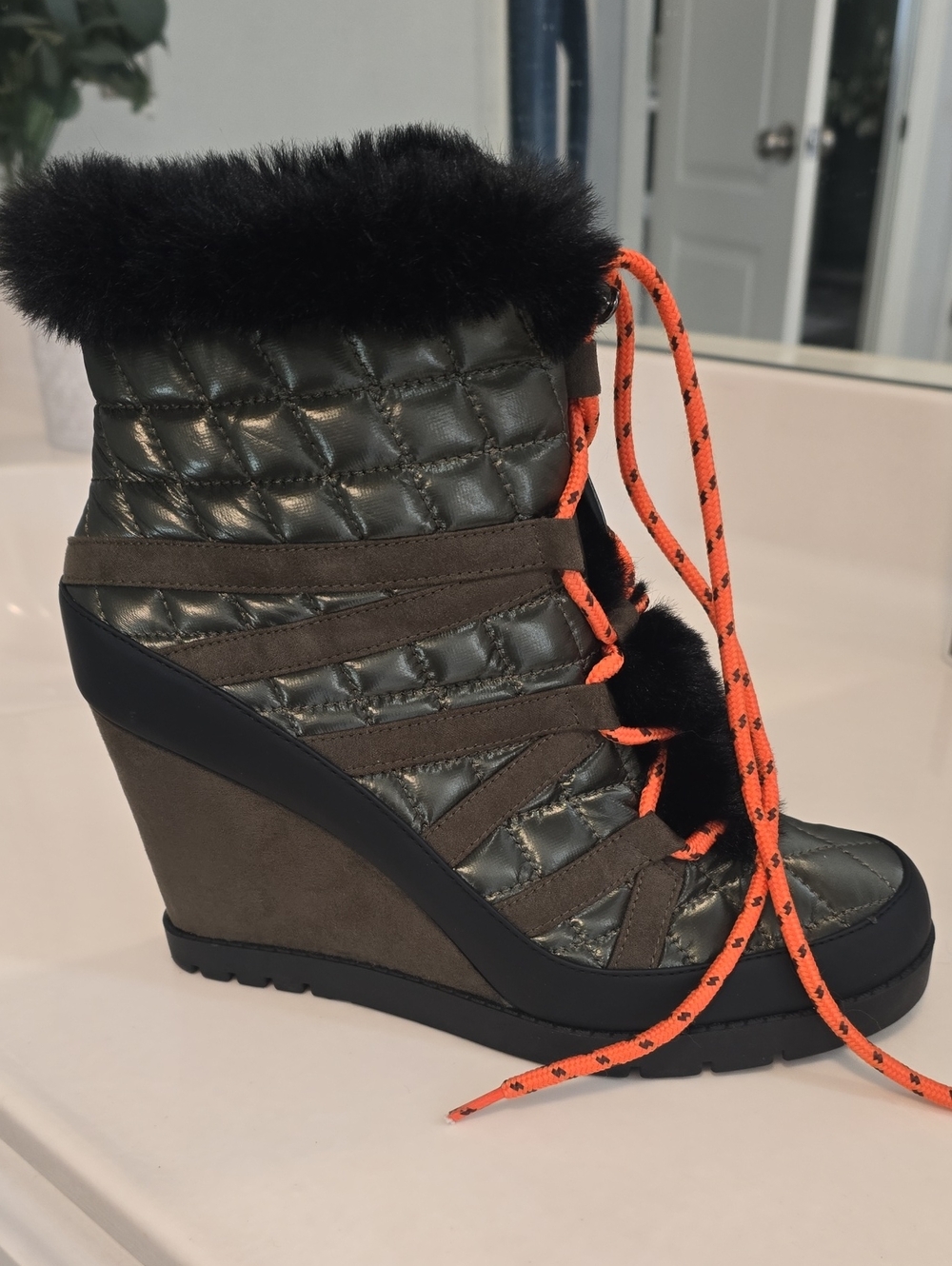 Quilted Wedge Ankle Boot with Faux Fur Trim - Olive with Orange Laces